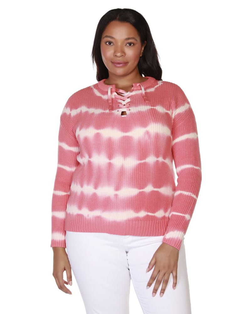 Front of a model wearing a size 1X Kayla Tie-Dye Lace-up Sweater in Teracotta/White by Belldini Black Label. | dia_product_style_image_id:285031
